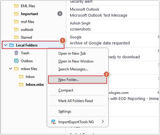 Click on New Folder in thunderbird