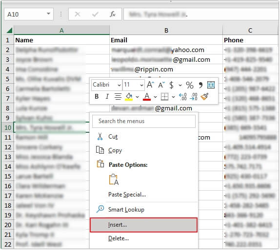 insert a row and select Insert