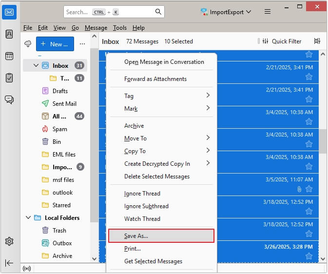 Select the Save As option in Thunderbird