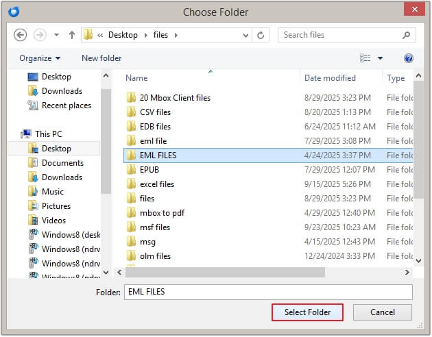 Choose the folder where you want to save emails