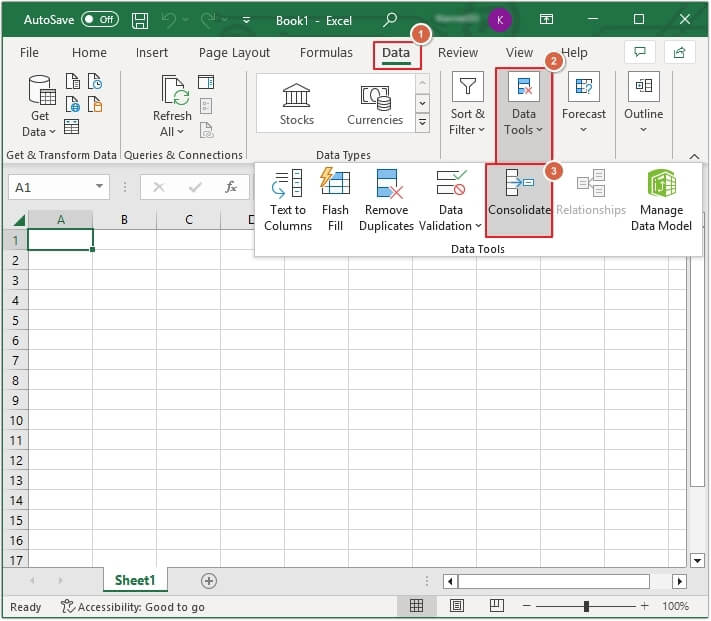 Select Data Tools  then Consolidate in excel