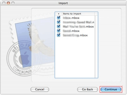 Select the items to import and click Continue