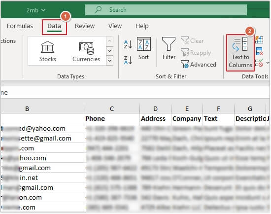 click on Data then Text to Columns