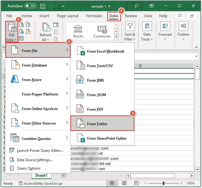 click on the Data option then click on Get Data option in Excel