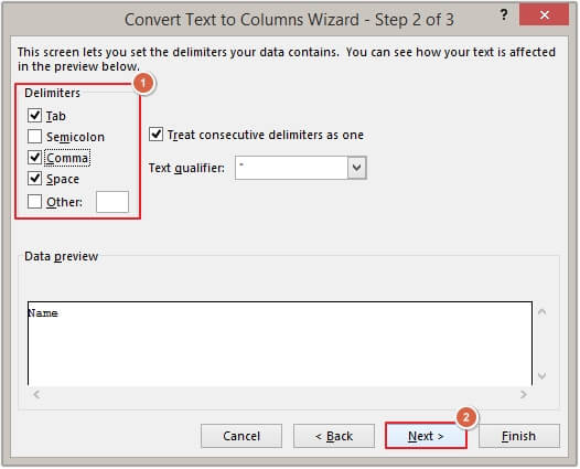 select delimiters click next