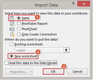 Select the Table option  then click on New Worksheet 