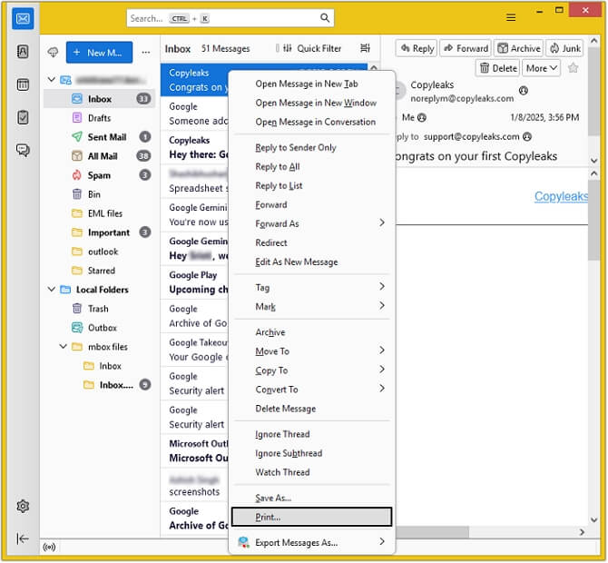 Open Thunderbird and select the required email to convert PDF