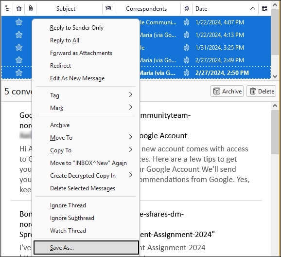 selected emails and choose Save As
