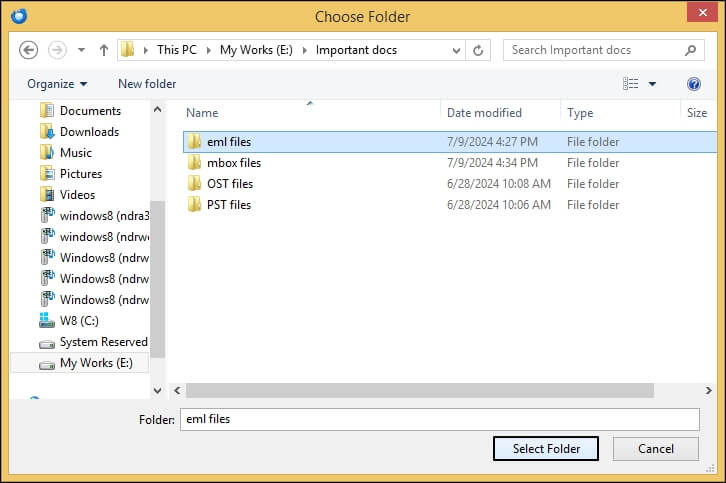  save the emails and click on Select Folder option