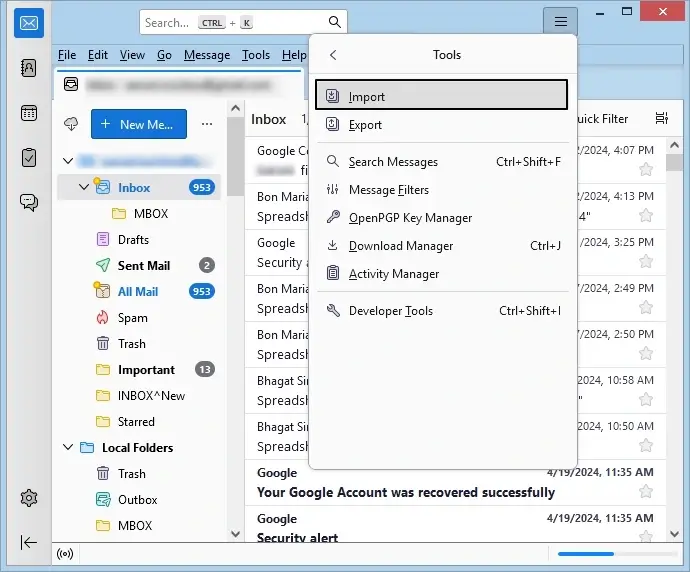 Open Thunderbird and click on Menu icon