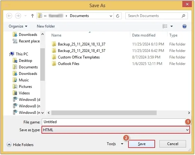 Select HTML in the Save as type option