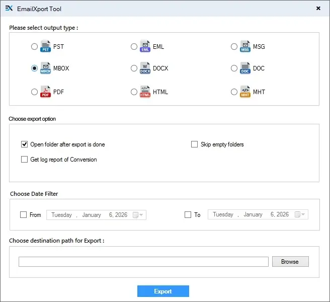 choose the MBOX as output fie