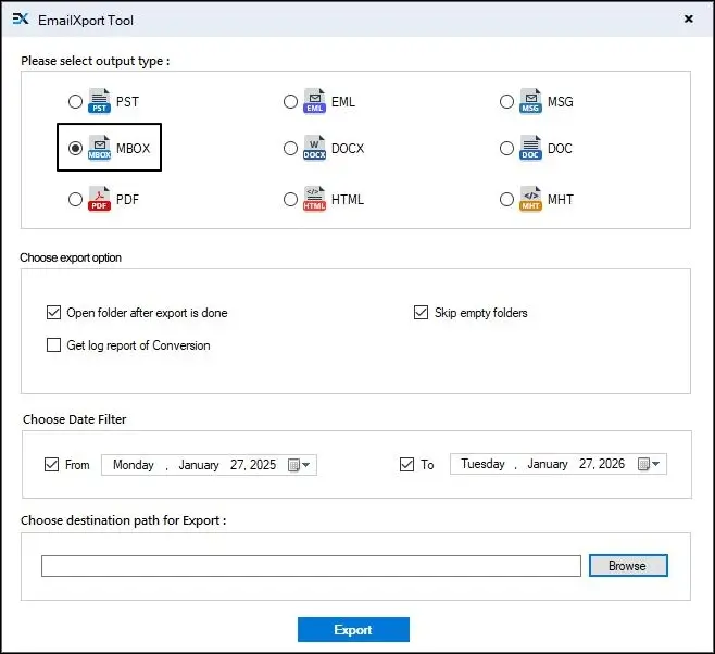 Select MBOX as the output formats
