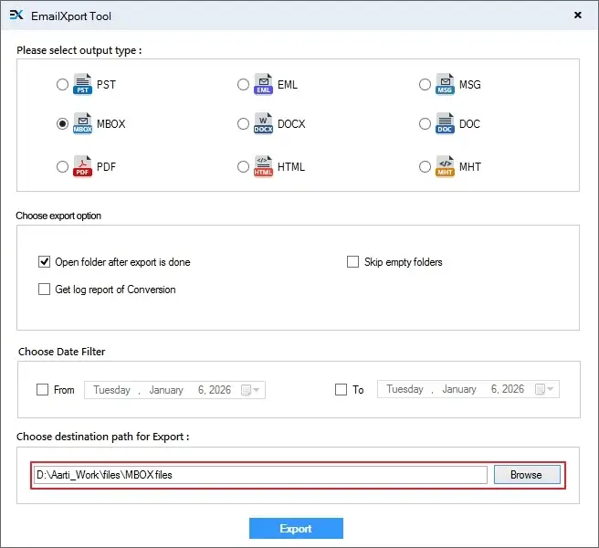 Provide a file saving location and click Export