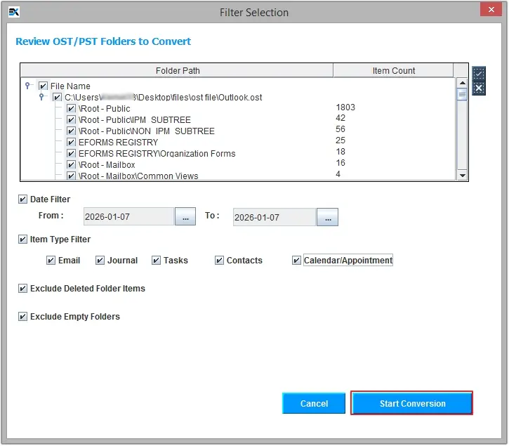 Apply filter then click Start Conversion