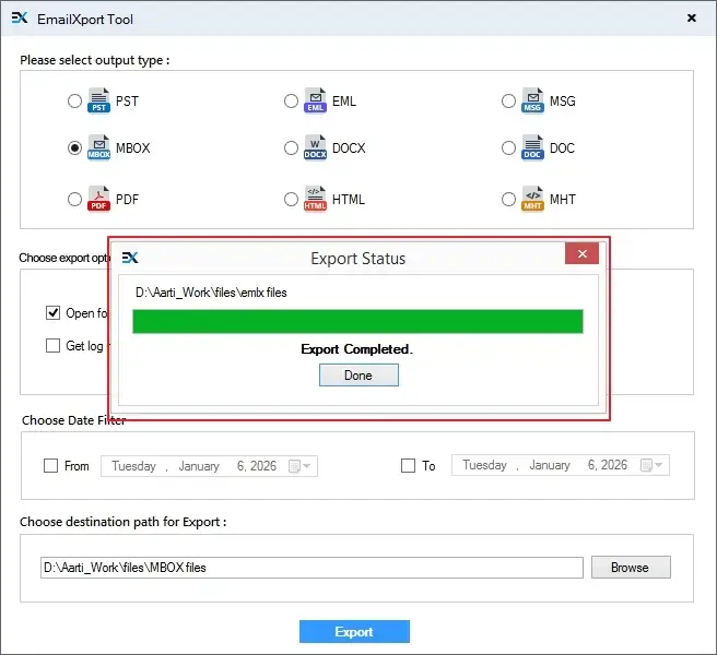emlx to mbox conversion successfully completed