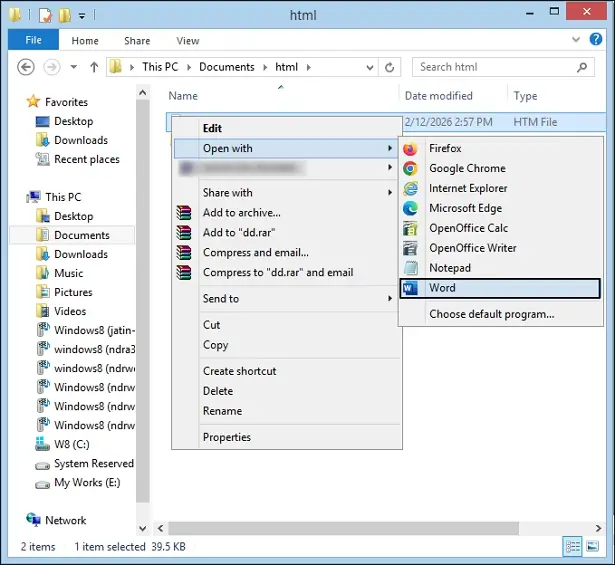 Right click on html file then select Open with Word.