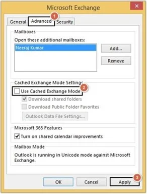 Uncheck Use Cached Exchange Mode