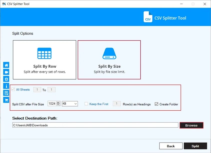 Choose Split by Size