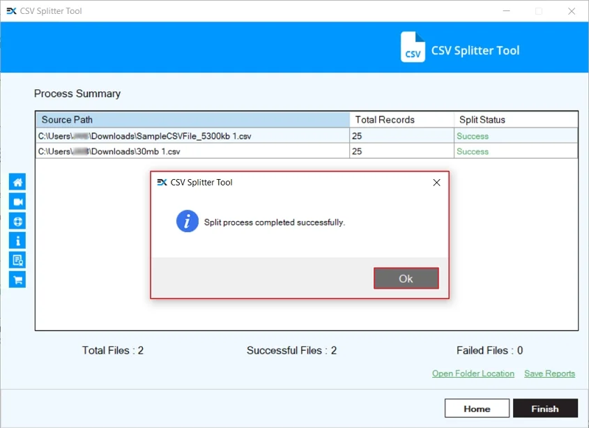 Split process completed successfully