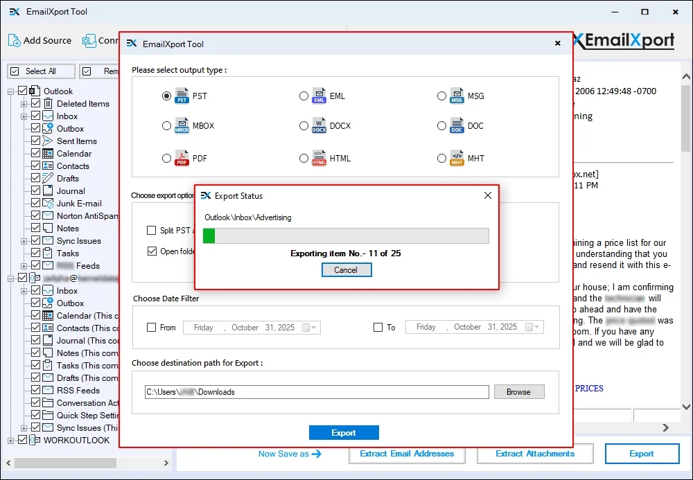 show a live status of Exporting