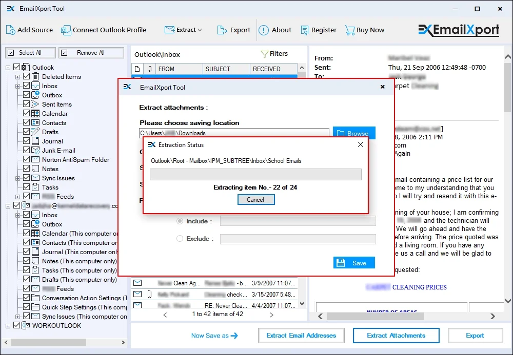 software will start Extracting attachments process