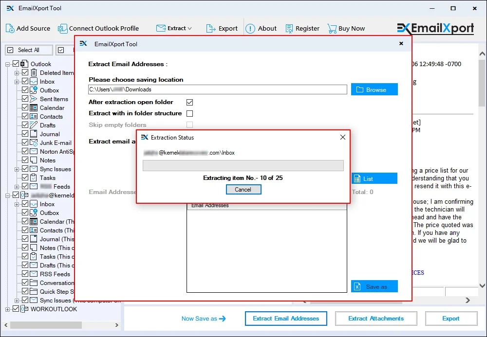 start extracting all the email addresses