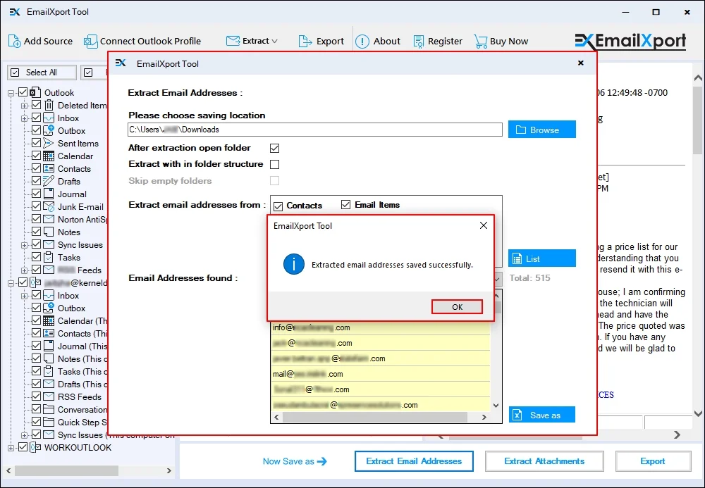 Extracted email addresses saved successfully