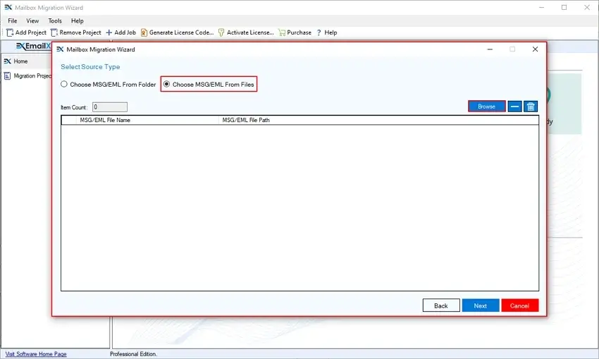 Click Browse then choose EML from files