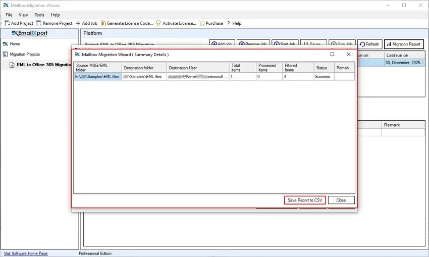 Detailed EML to Office 365 Migration report