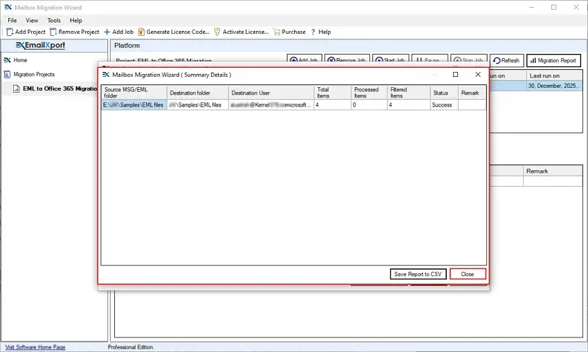 EML to Office 365 Migration has been executed successfully now click close to end your migration task