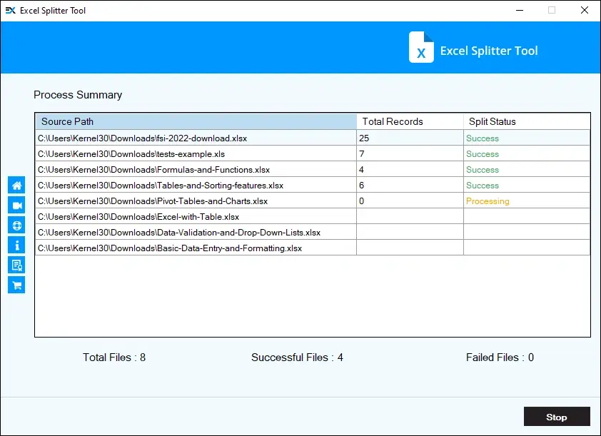 The tool begins to split the Excel files