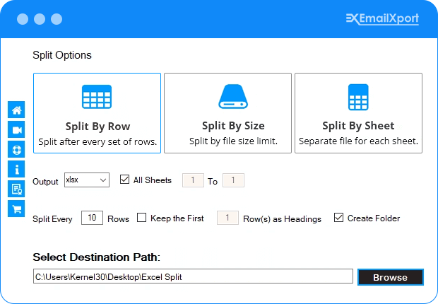 Select to split by Row, Size, or Sheet option