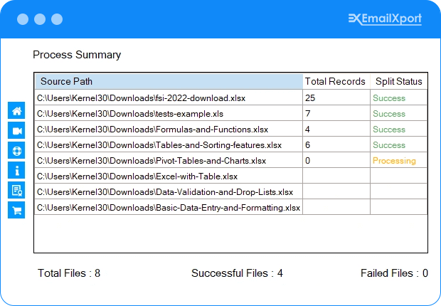 The tool will begin to split all selected Excel files