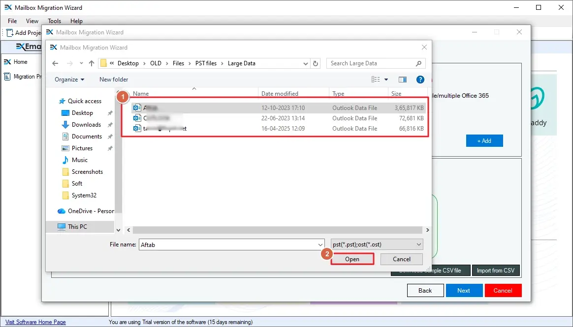 Select the source PST file and click open