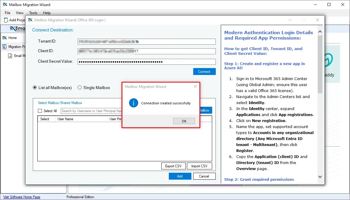 Connection created successfully message