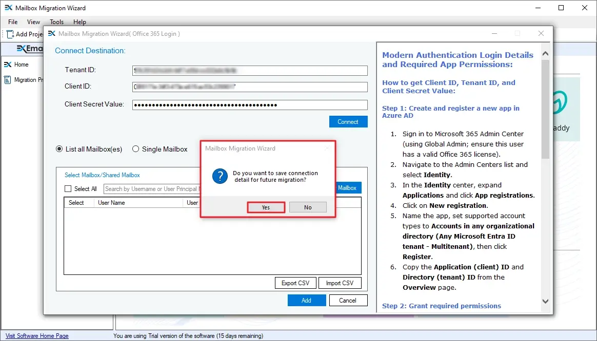 Save the Office 365 credentials for future migration