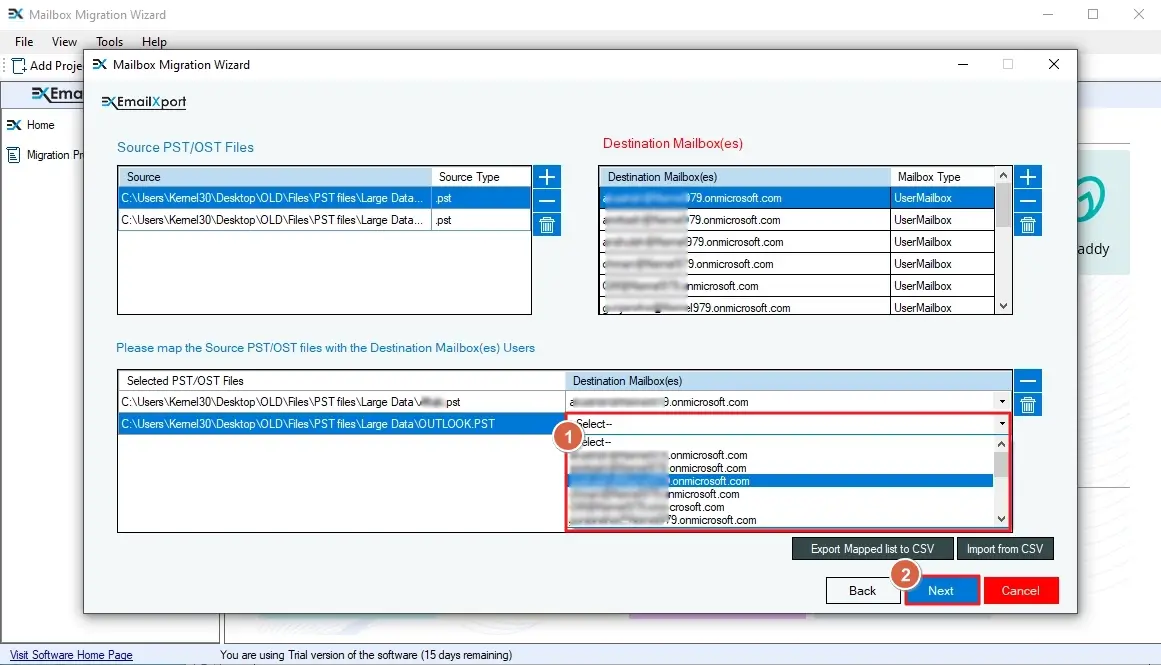 Map the source PST file to the destination mailbox