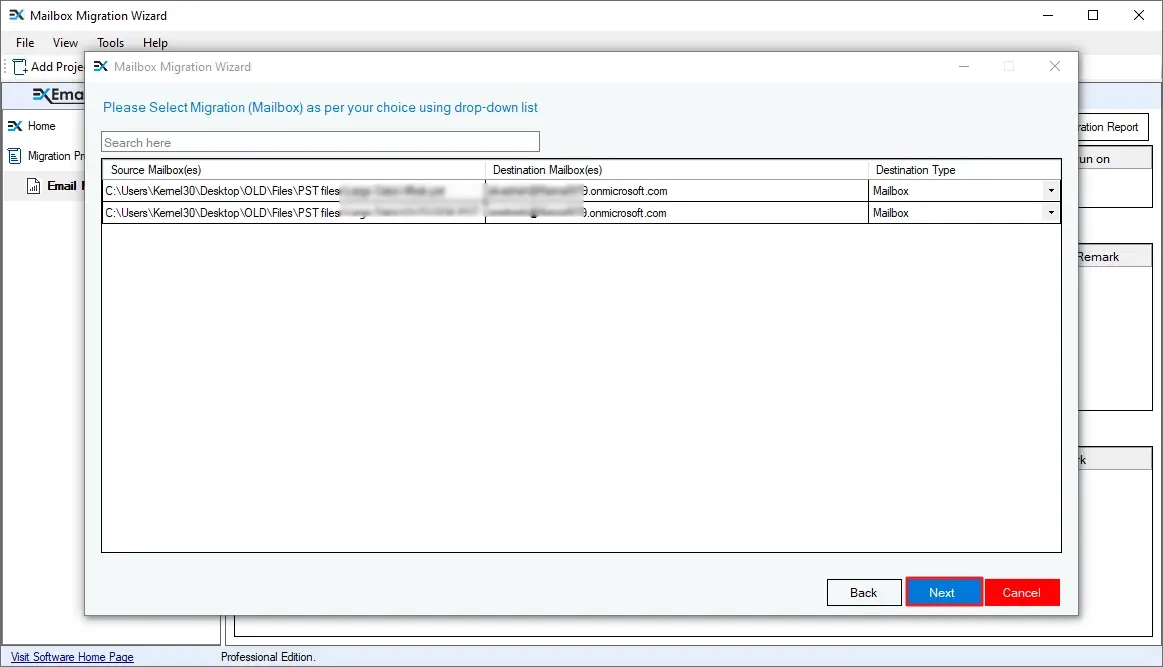 Select the migration destination