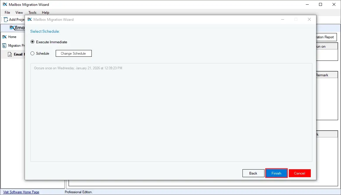 Select Execute Immediate to begin transfer PST to Office 365
