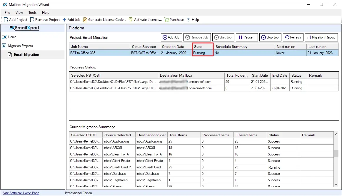 The tool started migrating PST files to Office 365