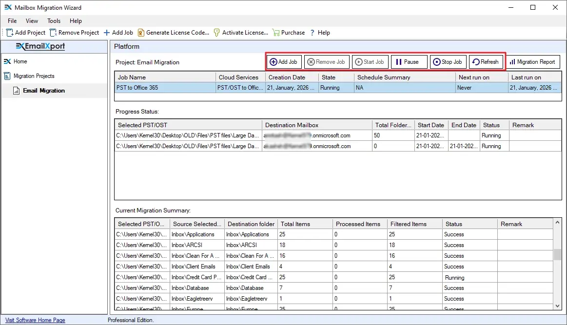 Multiple options to control the migration process 