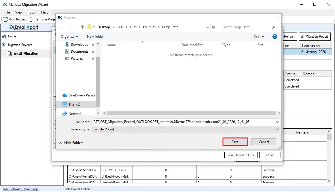 Specify the location where you want to save the report