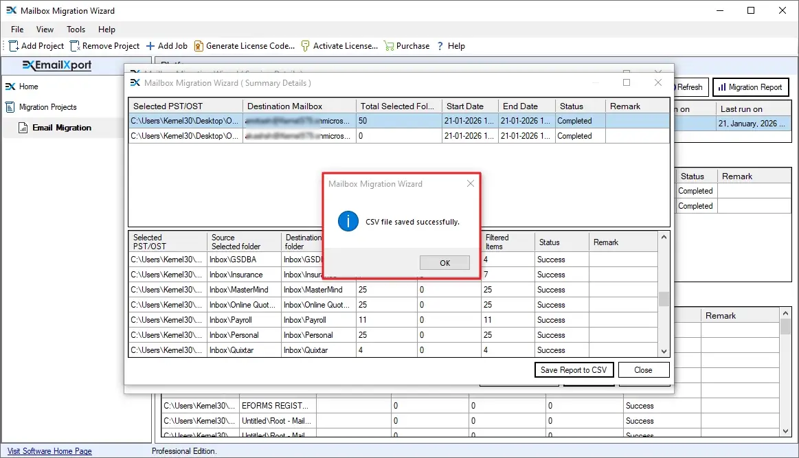 CSV file saved successfully message