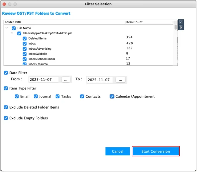 Review the PST folder