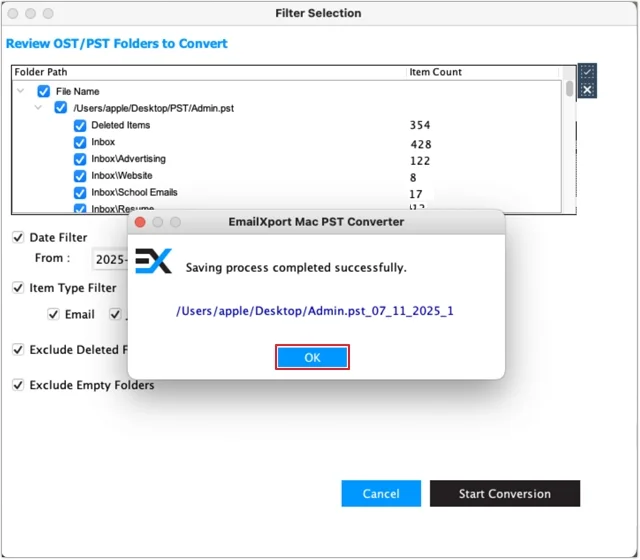 Click OK to complete process