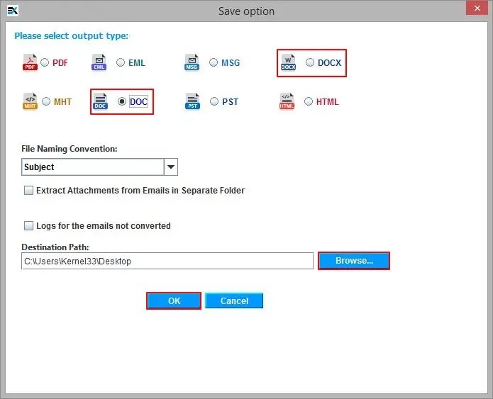 Choose the output type as DOC
