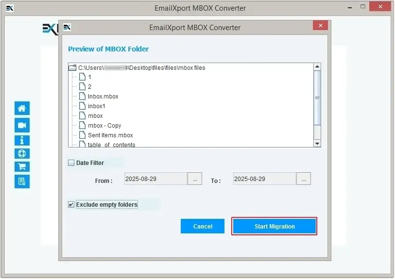 Preview MBOX folder then apply filter