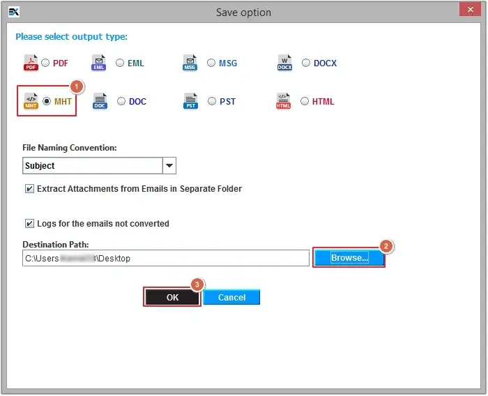Select MHT formats as the output type