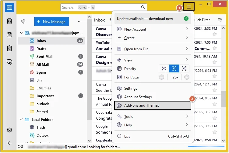 Open Thunderbird and navigate to three dot
